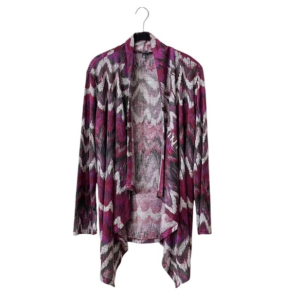 Krazy Kat Open Cardigan Sweater Women's Size XL Purple Print Long Sleeve Draped - Picture 2 of 6